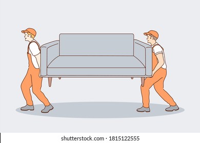 Support, help, delivery, work concept. Young team of strong smiling workers movers professionals cartoon characters carrying couch together. Partnership and transportation of furniture illustration.