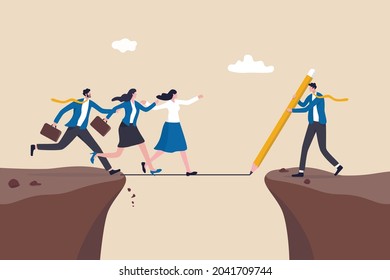 Support or help employee to progress and achieve business target, leadership solution to overcome obstacle concept, businessman manager draw line as a bridge to help team members to cross the cliff.