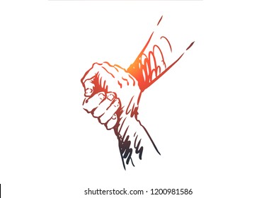 Support, Help, Friendship, Together, People Concept. Hand Drawn Human Hands Hold Each Other Concept Sketch. Isolated Vector Illustration.