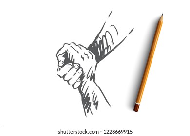 Support, help, friendship, together, people concept. Hand drawn human hands hold each other concept sketch. Isolated vector illustration.