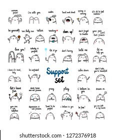 Support and help hand drawn set of illustrations with cute marshmallow in hard times