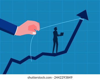 Unterstützung oder Hilfe, um das Einkommen zu erhöhen. Mann, der dabei steht, die Hand zu ziehen, um die Grafik zu erhöhen 