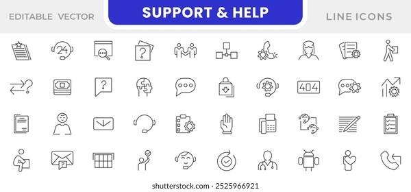 Suporte e ajuda conjunto de ícones de linha. empatia, doar, voluntário, ajuda, telefonema, cliente, 24 horas, e-mail, perguntas frequentes, serviço, ajuda, mesa, orientação, conjunto de ícones de linha de ajuda. Pacote de ícones de linha fina da interface do usuário.
