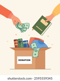 Support and help people concept. illustration of a Hand holding box with a gift for donation, clothing donation and charity concept.