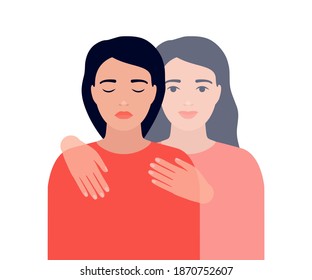 Support and help sad young woman in form of ghostly twin. Invisible support for difficulties. Psychological problem has been solved. Vector illustration