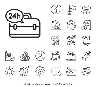 Support help sign. Salaryman, gender equality and alert bell outline icons. 24 hour service line icon. Feedback symbol. 24h service line sign. Spy or profile placeholder icon. Vector