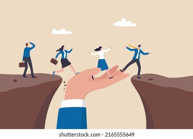 Support of help to solve problem, manager mentorship or coaching to help team success, leadership to guide employee to achieve goal concept, giant hand help business people cross the problem gap.
