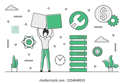 Support hosting server. Datacenter administration, system admin team vector monocolor illustration
