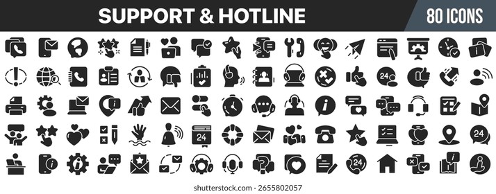Conjunto de iconos de Asistencia y línea directa. Atención al Cliente, Asistencia técnica, servicio de contacto. Centro de llamadas, chat, mesa de ayuda. Ilustración vectorial