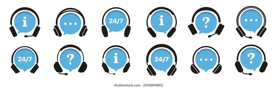 Support or hotline symbols collection with speech bubble and headphones