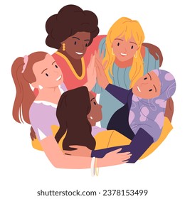 Support and hugs of community of diverse women vector illustration. Cartoon happy multicultural group of different female friends standing in circle, global symbol of sisterhood power, solidarity