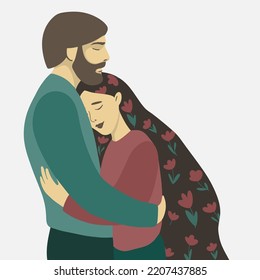 Support, hugs. Couple supporting each other. Bearded boyfriend. 