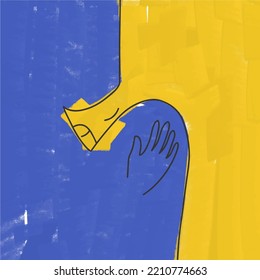 Support, hugs, hands, peace, no war, background in the colors of the flag of Ukraine, paint