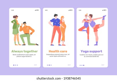 Support from husbands to wives during pregnancy. Welcome screenshots of a mobile application for future parents. Dad listens to mom's tummy, a couple hugging, a man and a woman do yoga. Vector flat
