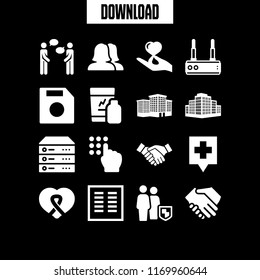 support icon. 16 support vector set. two businessmen hands salutation, awareness ribbon inside a heart, security code and hand holding a heart icons for web and design about support theme