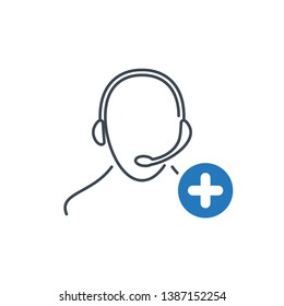 Support icon with add sign. Customer service agent with headset icon and new, plus, positive symbol 