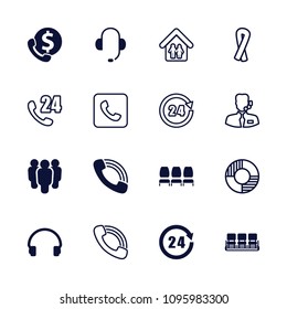 Support icon. collection of 16 support filled and outline icons such as chair, headset, call, 24 hours, ribbon, group, family home. editable support icons for web and mobile.