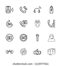 Support icon. collection of 16 support outline icons such as 24 hours, call, kidney, hand with heart, energetic drink, headset. editable support icons for web and mobile.