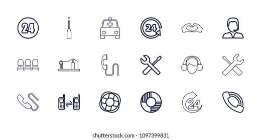 Support icon. collection of 18 support outline icons such as wrench and screwdriver, call, connected phone, lifebuoy, 24 hours. editable support icons for web and mobile.