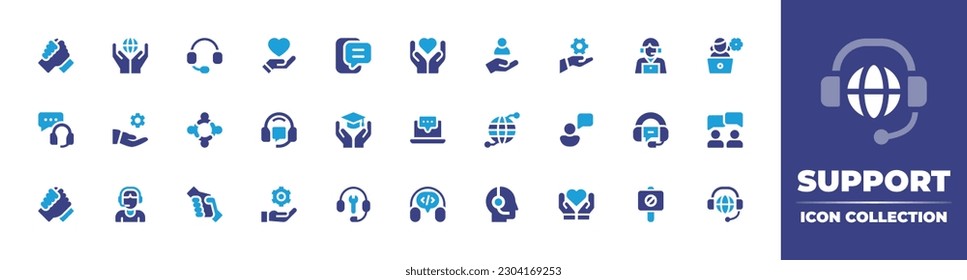 Support icon collection. Duotone color. Vector illustration. Containing collaboration, globe, service center, support, online support, humanitarian, help, technical service, call center agent, system.