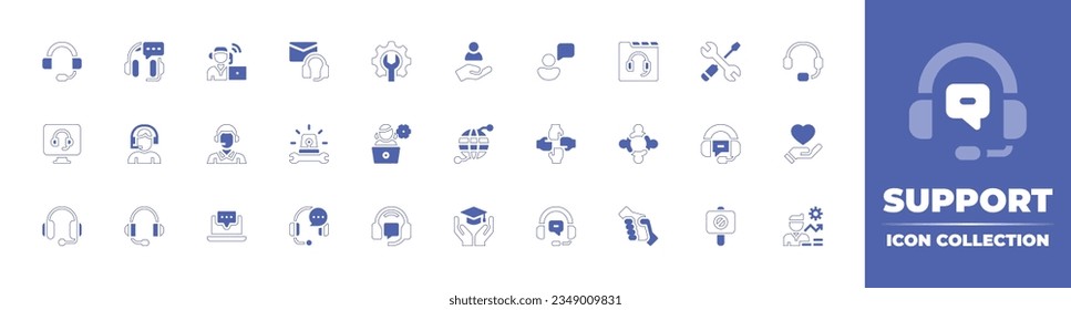 Colección de iconos de compatibilidad. Curso de línea de estilo duotónico y negrita. Ilustración vectorial. Conteniendo cliente, servicio, en línea, soporte, llamada, centro, agente, servicios, optimización, ayuda y más.