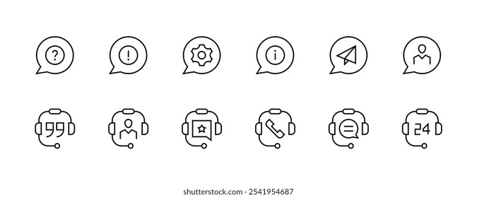 colección de ícono de Asistencia. Ayuda chat, Servicio al cliente, contacto, información, Asistencia técnica, centro de llamadas, conversación, consulta y más. Trazo editable. Pixel perfecto. Base de rejilla 32px.