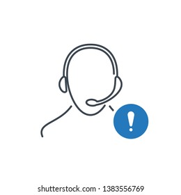 Support icon with exclamation mark. Customer service agent with headset icon and alert, error, alarm, danger symbol