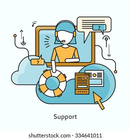 Support icon flat design concept. Service technical, business consultant, chat communication, internet web online technology, management and contact illustration
