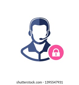 Support icon with padlock sign. Customer service agent with headset icon and security, protection, privacy symbol 