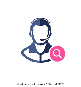 Support icon with research sign. Customer service agent with headset icon and explore, find, inspect symbol 