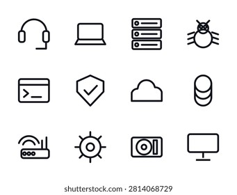 IT Support icon set. 12 helpdesk and system admin related icons. customer support, laptop computer, server rack, bug debug, terminal console and more. Editable stroke line black and white icons.