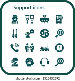 support icon set. 16 filled support icons.  Simple modern icons about  - Checker, Crutches, Router, Smartphone, Screwdriver, Customer service, Cancer, Information, Telephone, Cooperation