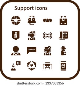 support icon set. 16 filled support icons.  Collection Of - Lifesaver, Friends, Shipping, Information, Call center, Worldwide, Telephone, Psychologist, Bravo, Operator, Friend