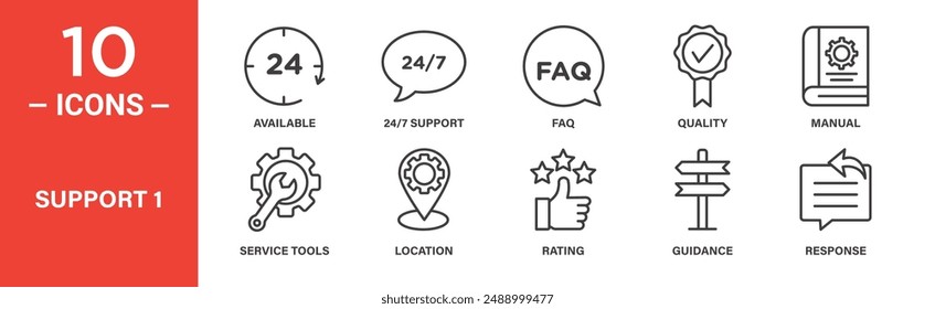 support icon set. available, 247 support, faq, quality, manual, icons. outlined icon collection. vector illustration.	