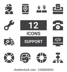 Support Icon Set. Collection Of 12 Filled Support Icons Included Wireframes, Lifesaver, Phone Operator, Programming, Ambulance, Telephone, Smartphone, Complaint, Wrench, Call Center