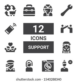 support icon set. Collection of 12 filled support icons included Remove user, Phone call, Customer service, Call center, Checker, Friends, Relationship, Toolbox, Wrench, Smartphone
