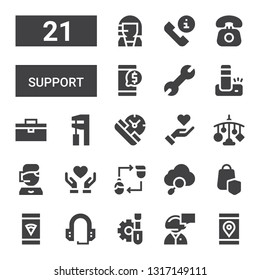 support icon set. Collection of 21 filled support icons included Smartphone, Secretary, Screwdriver, Headset, Secure shopping, Seo, Friendship, Donate, Call center, Mobile, Give love
