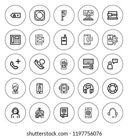 Support icon set. collection of 25 outline support icons with call center, cellphone, configuration, emergency call, friend, headset, lifesaver, manual icons. editable icons.