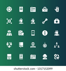 support icon set. Collection of 25 filled support icons included Commerce, Customer service, Phone receiver, Smartphone, Teamwork, Hypnosis, Psychologist, Manual, Call center