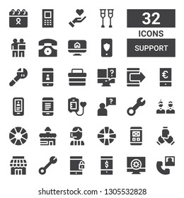 support icon set. Collection of 32 filled support icons included Phone call, Configuration, Smartphone, Wrench, Store, Teamwork, Lifebuoy, Call center, Shop, Friends, Question