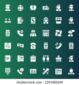support icon set. Collection of 36 filled support icons included Psychologist, Phone, Wrench, Customer, Phone call, Blood donation, Call center, Shop, Friends, Programming, Address book