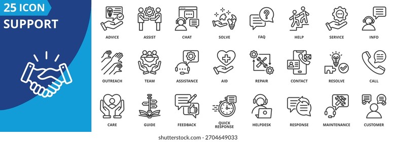 ícone de suporte conjunto coleção em estilo outline. pacote de ícones contém ajuda, assistência, serviço, cuidado, guia, conselho, ajuda, resolver, contato, ícone de suporte