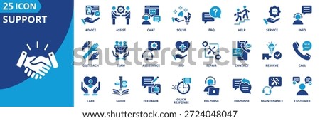 support icon set collection in solid glyph dual color style. pack contain help, assist, service, care, guide, advice, aid, solve, contact, support icon