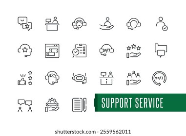 Support icon set. Containing 24, center, people, head, resolution, technical, man and more. Minimalist thin outline icons pack. Editable stroke.