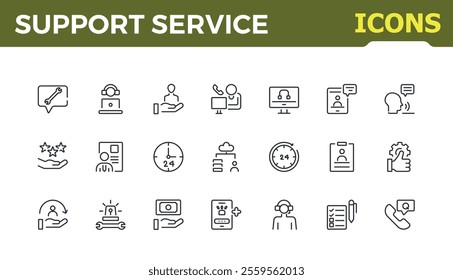 Support icon set. Containing 24, center, people, head, resolution, technical, man and more. Minimalist thin outline icons pack. Editable stroke.