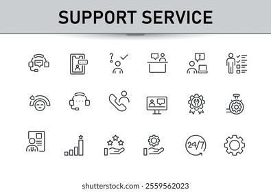 Support icon set. Containing 24, center, people, head, resolution, technical, man and more. Minimalist thin outline icons pack. Editable stroke.