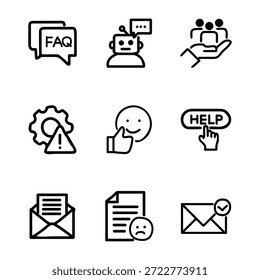 Conjunto de ícones de suporte. Contendo atendimento ao cliente, ajuda, call center, linha direta, bate-papo ao vivo, assistência, técnica, comunicação, perguntas frequentes, informações e muito mais. Ícones de linha editáveis. Ilustração vetorial.
