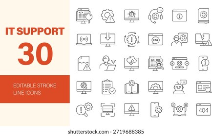 Conjunto de ícones de suporte de TI. Contendo solução de problemas, 404, erro, aviso, instalação, manutenção, verificação, teste, resolver, tarefa e muito mais. Ícones de linha editáveis. Ilustração vetorial.