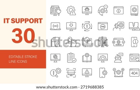 IT support icon set. Containing troubleshooting, 404, error, warning, installation, maintenance, scan, testing, resolve, task and more. Editable line icons. Vector illustration.