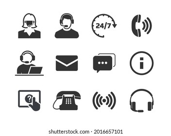 Support Icon Set. Customer Care Service Concept. Man, Woman In Headphone Answer Client Call